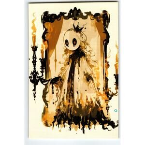 Vintage Halloween Lithograph Postcard Witch with Mask & Candles 5.5x4"